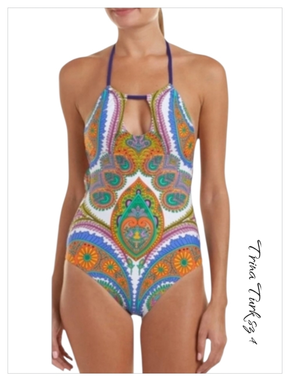 Trina Turk Pacific Paisley High Neck Halter One Piece Swimsuit 4 NWT
